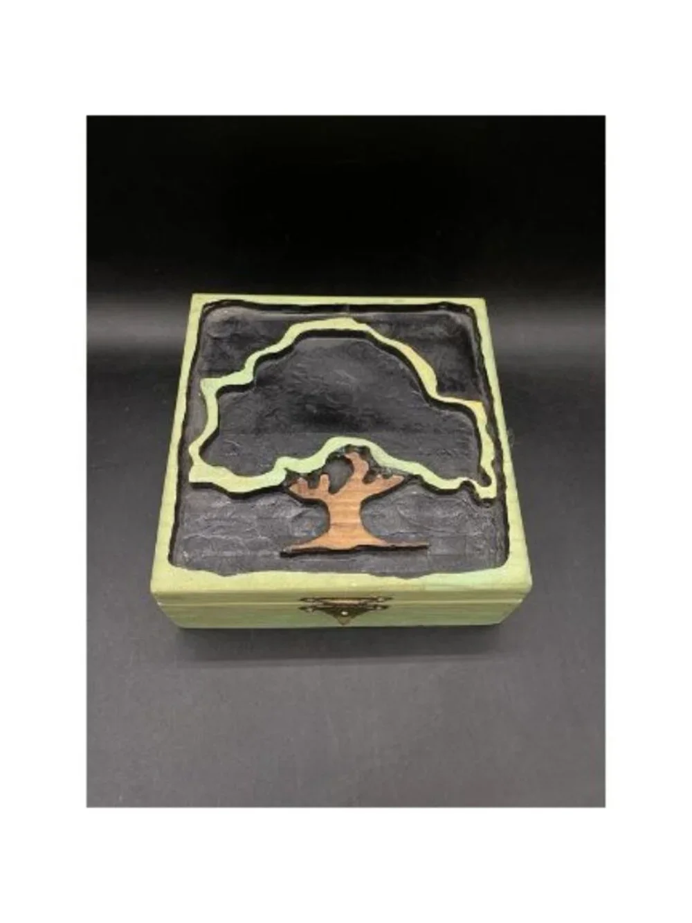 Hand Carved Green Wooden Box Tree of Life Keepsake 6”